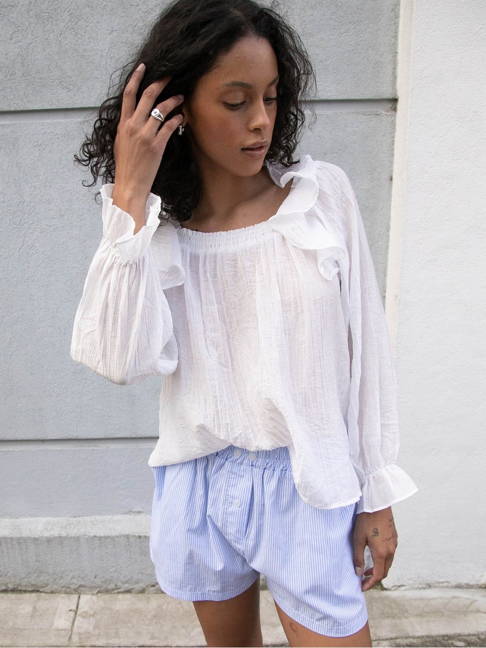 Oak + Fort Long Sleeve Ruffled Off the Shoulder Blouse